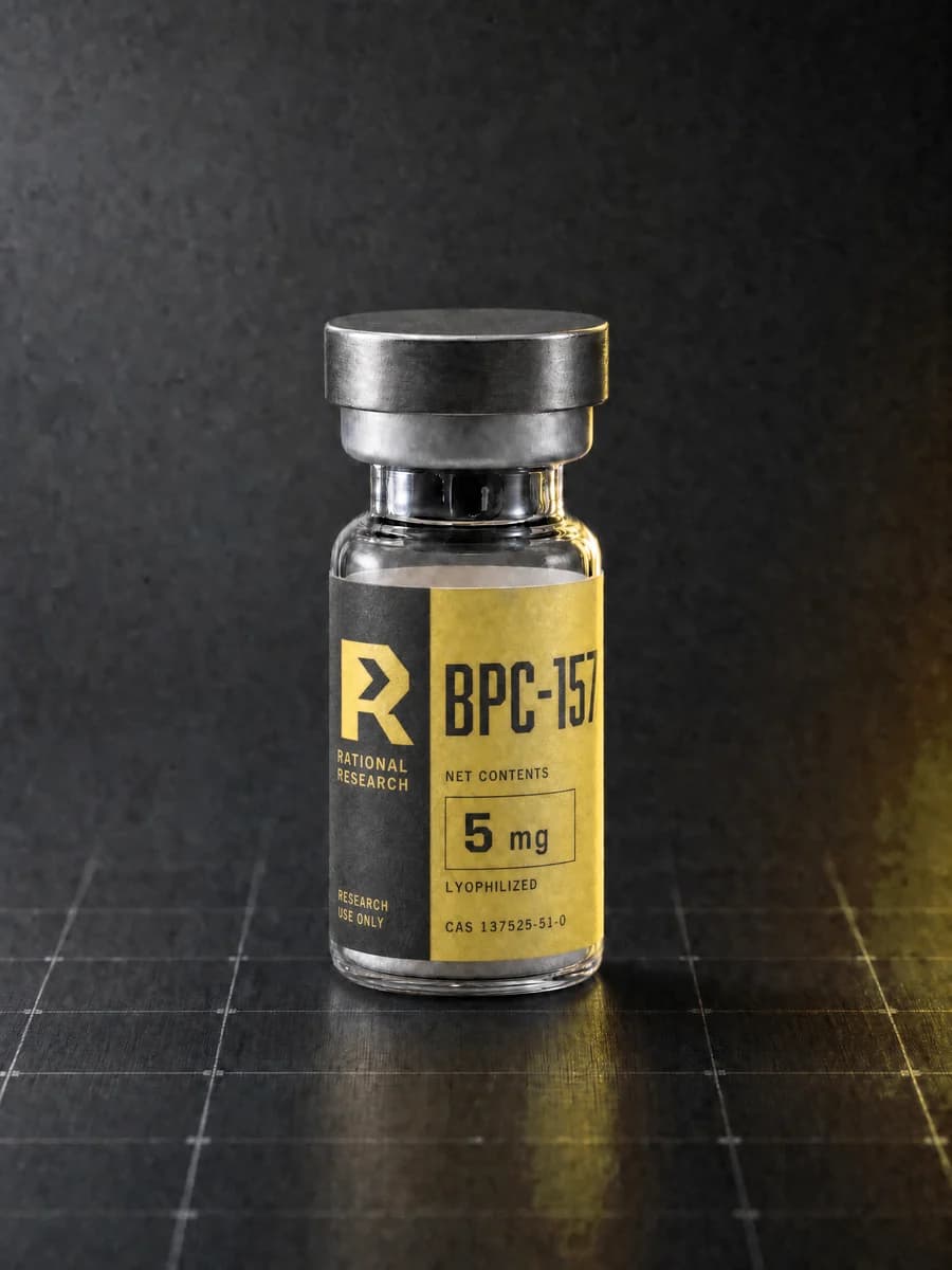 Rational Research BPC-157 vial with a graphite and yellow label